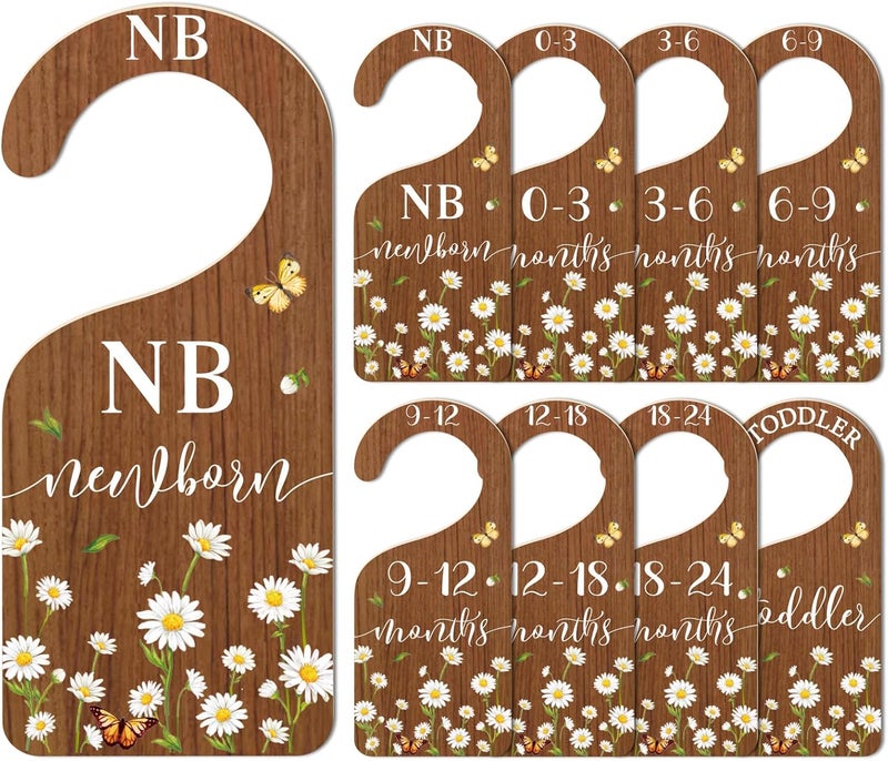 Whaline 8Pcs Daisy Baby Closet Size Dividers Hanging Wooden Baby Closet Organizers Newborn to Toddler Rustic Floral Butterfly Infant Wardrobe Organizers for Home Nursery Bedroom - Image 1